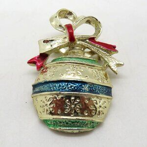 Vintage Gerrys‎ Brooch Gold Tone Enamel Christmas Ornament 2" Pin Red Bow Accent